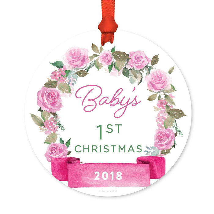Round Metal Christmas Ornament, Pink Flowers Banner, Includes Ribbon and Gift Bag-Set of 1-Andaz Press-Baby's 1st Christmas-