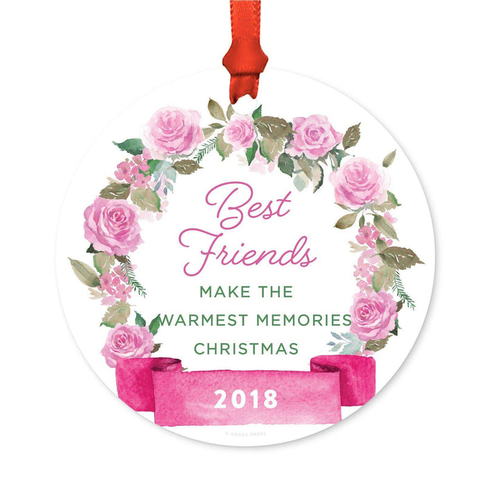 Round Metal Christmas Ornament, Pink Flowers Banner, Includes Ribbon and Gift Bag-Set of 1-Andaz Press-Best Friends-