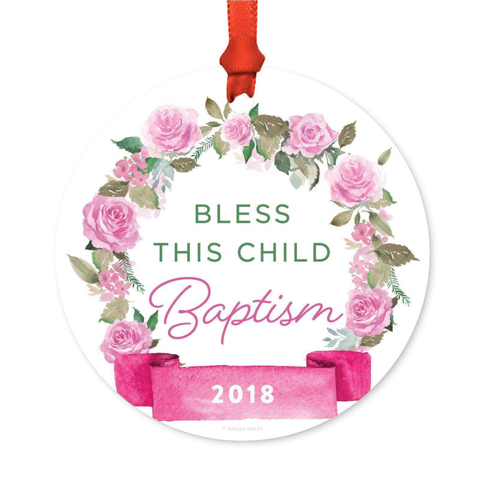 Round Metal Christmas Ornament, Pink Flowers Banner, Includes Ribbon and Gift Bag-Set of 1-Andaz Press-Bless This Child-
