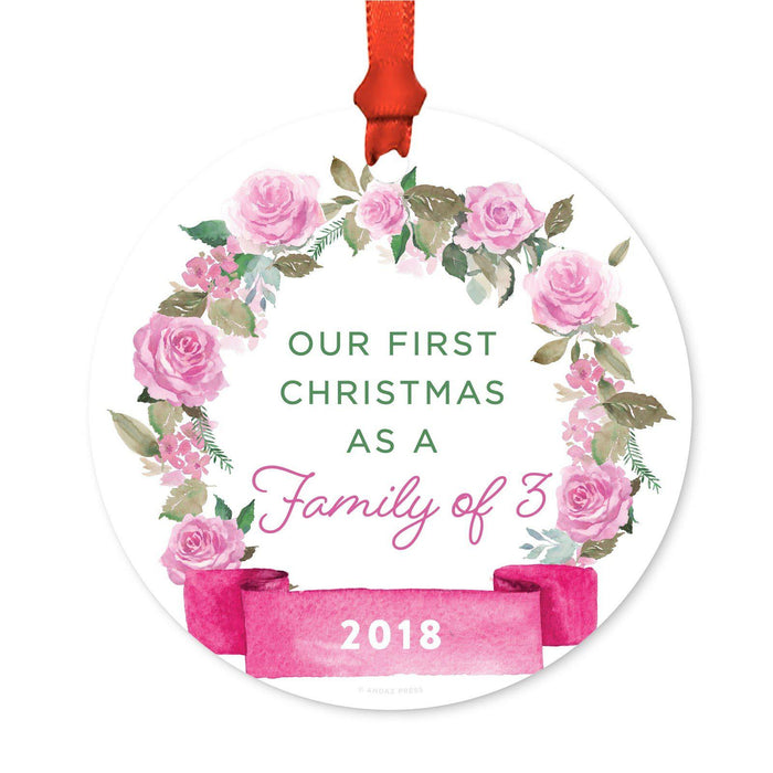 Round Metal Christmas Ornament, Pink Flowers Banner, Includes Ribbon and Gift Bag-Set of 1-Andaz Press-Family 3-