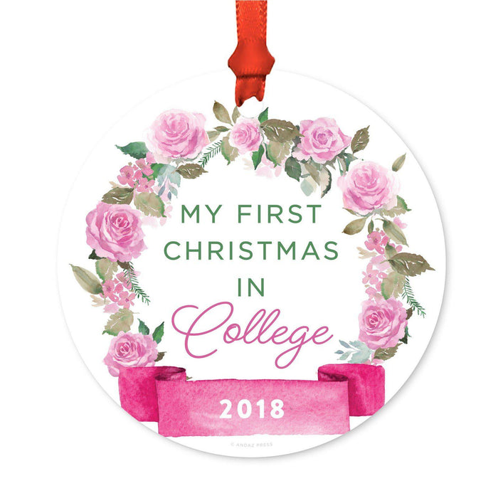 Round Metal Christmas Ornament, Pink Flowers Banner, Includes Ribbon and Gift Bag-Set of 1-Andaz Press-First Christmas in College-