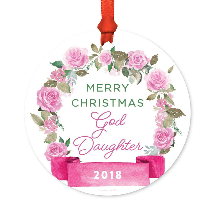 Round Metal Christmas Ornament, Pink Flowers Banner, Includes Ribbon and Gift Bag-Set of 1-Andaz Press-Goddaughter Merry Christmas-