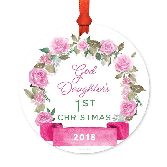 Round Metal Christmas Ornament, Pink Flowers Banner, Includes Ribbon and Gift Bag-Set of 1-Andaz Press-Goddaughter's 1st Christmas-