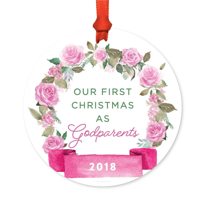 Round Metal Christmas Ornament, Pink Flowers Banner, Includes Ribbon and Gift Bag-Set of 1-Andaz Press-Godparents-