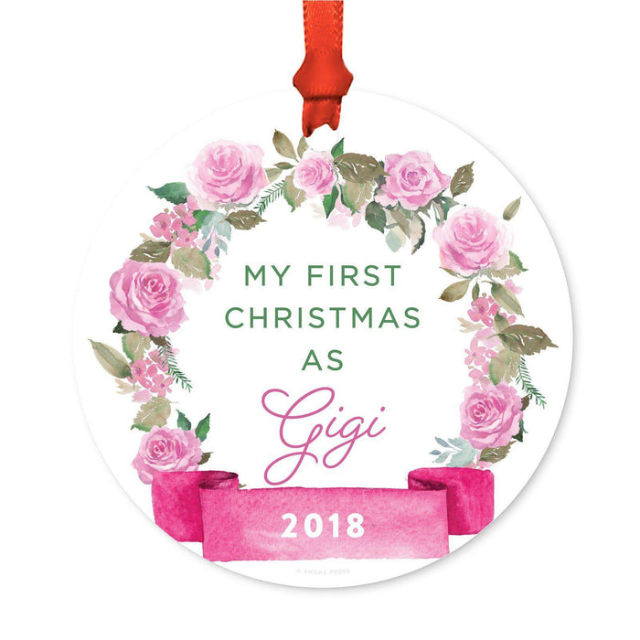 Round Metal Christmas Ornament, Pink Flowers Banner, Includes Ribbon and Gift Bag-Set of 1-Andaz Press-Grandma Gigi-