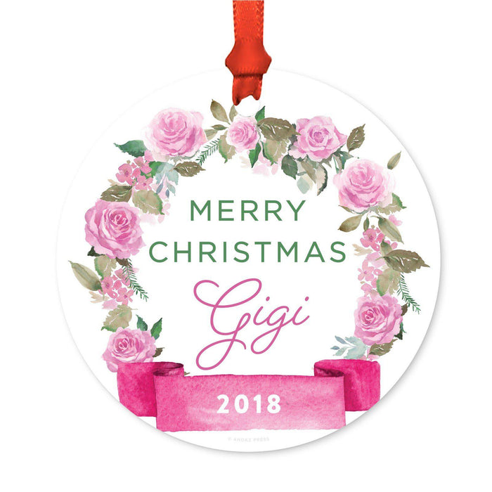 Round Metal Christmas Ornament, Pink Flowers Banner, Includes Ribbon and Gift Bag-Set of 1-Andaz Press-Grandma Gigi Merry Christmas-