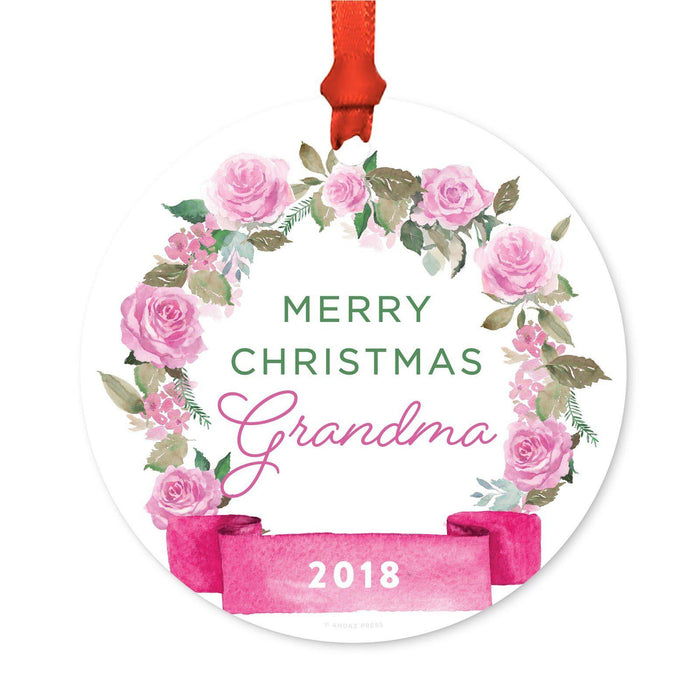 Round Metal Christmas Ornament, Pink Flowers Banner, Includes Ribbon and Gift Bag-Set of 1-Andaz Press-Grandma Merry Christmas-
