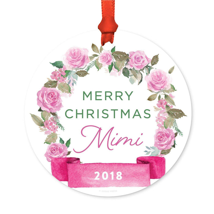 Round Metal Christmas Ornament, Pink Flowers Banner, Includes Ribbon and Gift Bag-Set of 1-Andaz Press-Grandma Mimi Merry Christmas-