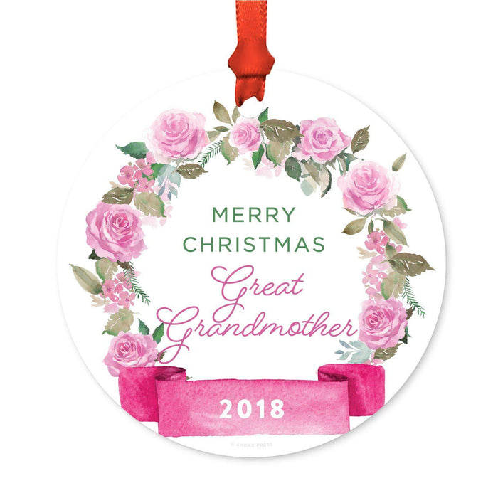 Round Metal Christmas Ornament, Pink Flowers Banner, Includes Ribbon and Gift Bag-Set of 1-Andaz Press-Great Grandmother Merry Christmas-