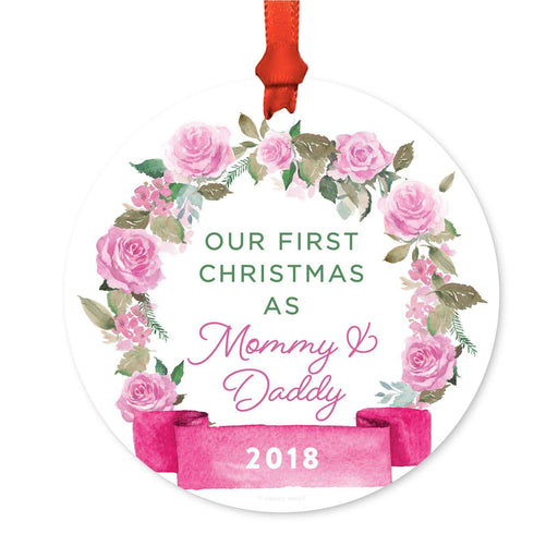 Round Metal Christmas Ornament, Pink Flowers Banner, Includes Ribbon and Gift Bag-Set of 1-Andaz Press-Mommy Daddy-