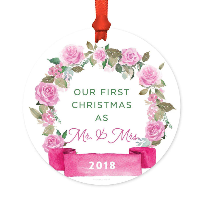 Round Metal Christmas Ornament, Pink Flowers Banner, Includes Ribbon and Gift Bag-Set of 1-Andaz Press-Mr. & Mrs-