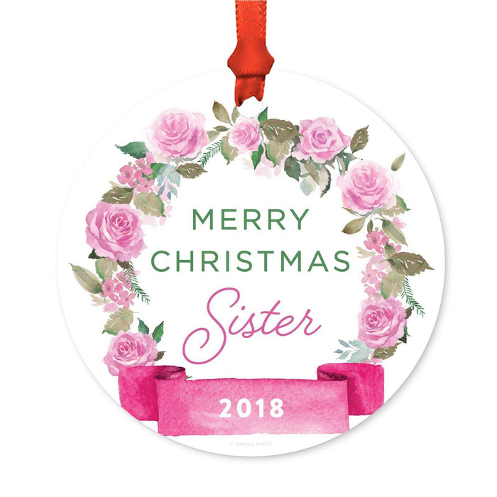 Round Metal Christmas Ornament, Pink Flowers Banner, Includes Ribbon and Gift Bag-Set of 1-Andaz Press-Sister Merry Christmas-