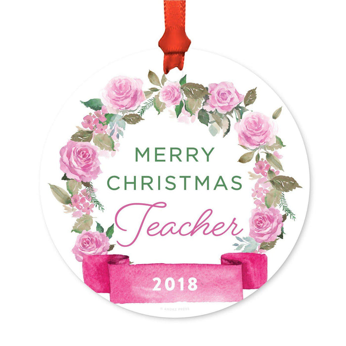 Round Metal Christmas Ornament, Pink Flowers Banner, Includes Ribbon and Gift Bag-Set of 1-Andaz Press-Teacher Merry Christmas-