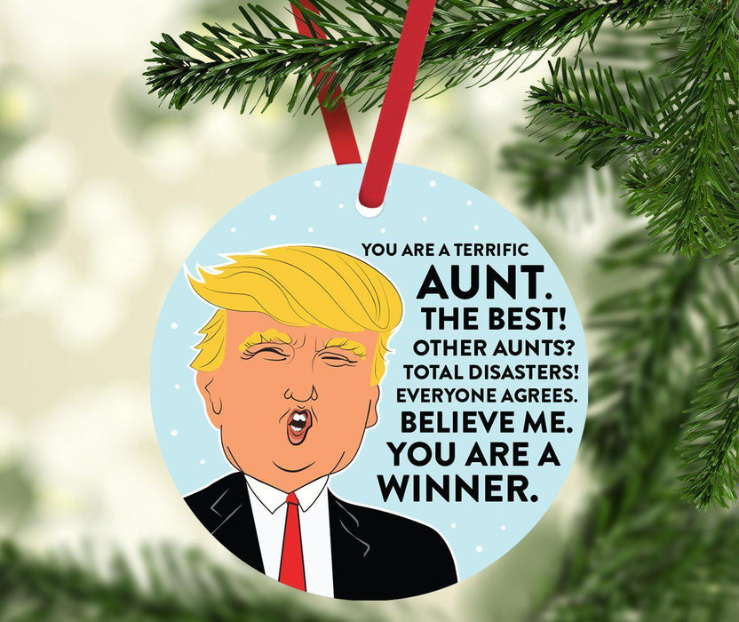 Round Natural Wood MDF Christmas Ornament, Funny President Donald Trump, Family Members MAGA Design 1-Set of 1-Andaz Press-Aunt-