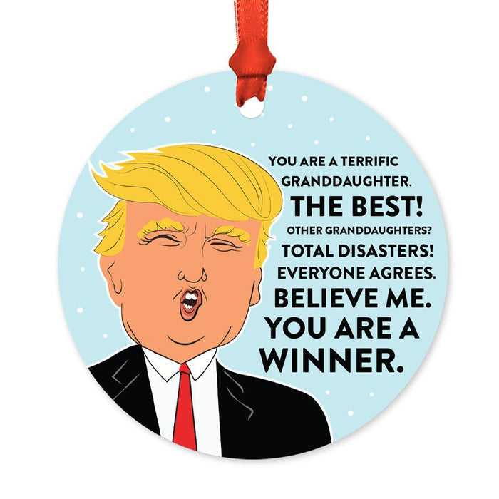 Round Natural Wood MDF Christmas Ornament, Funny President Donald Trump, Family Members MAGA Design 1-Set of 1-Andaz Press-Granddaughter-