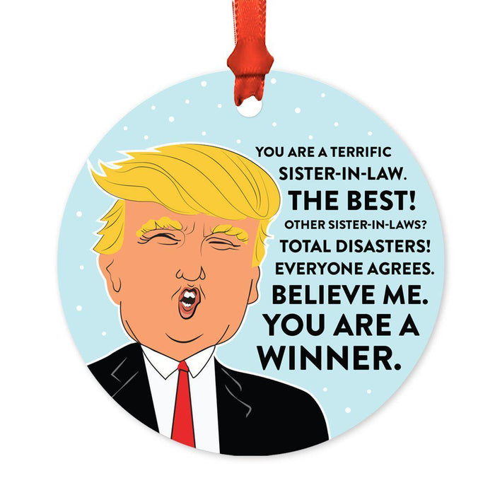 Round Natural Wood MDF Christmas Ornament, Funny President Donald Trump, Family Members MAGA Design 2-Set of 1-Andaz Press-Sister-in-Law-