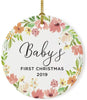 Round Porcelain Christmas Tree Ornament Gift, Spring Floral Wreath, Baby's First Christmas, Custom Year-Set of 1-Andaz Press-