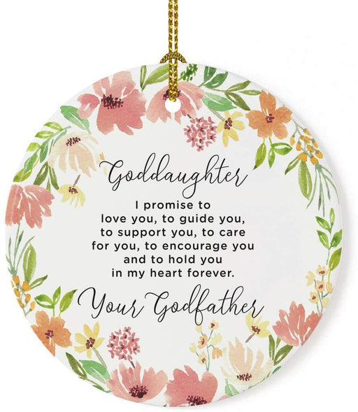 Round Porcelain Christmas Tree Ornament, Spring Floral Wreath-Set of 1-Andaz Press-Goddaughter I Promise to Guide You Love Your Godfather-