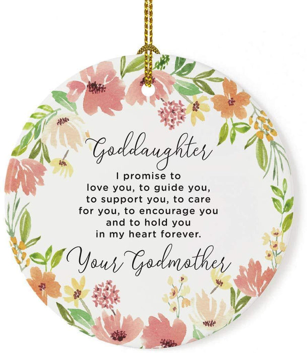 Round Porcelain Christmas Tree Ornament, Spring Floral Wreath-Set of 1-Andaz Press-Goddaughter I Promise to Guide You Love Your Godmother-