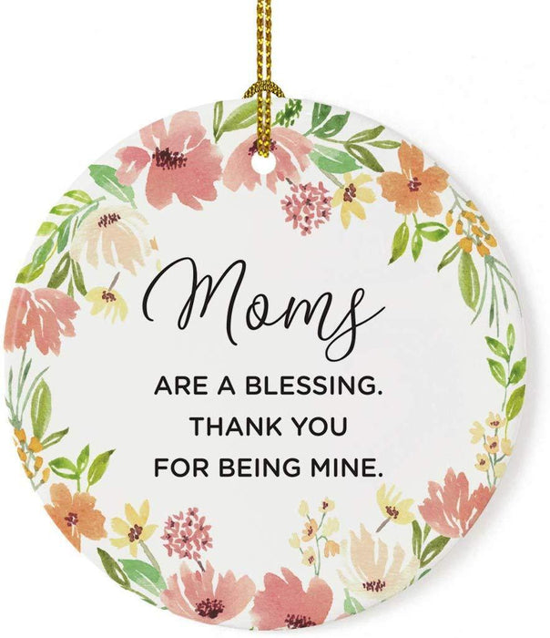 Round Porcelain Christmas Tree Ornament, Spring Floral Wreath-Set of 1-Andaz Press-Moms are a Blessing, Thank You for Being Mine-