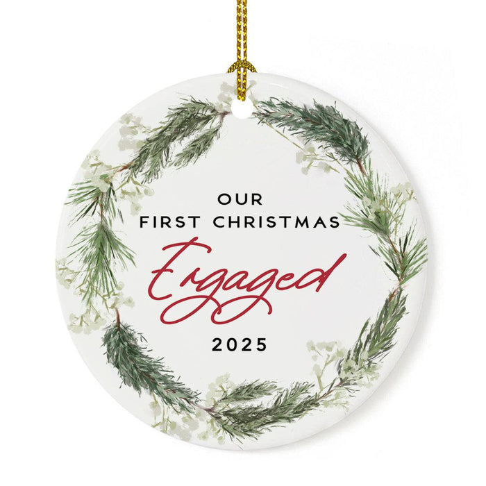 Round Porcelain Pine Wreath Christmas Tree Ornament Keepsake Gift-Set of 1-Andaz Press-First Christmas Engaged-