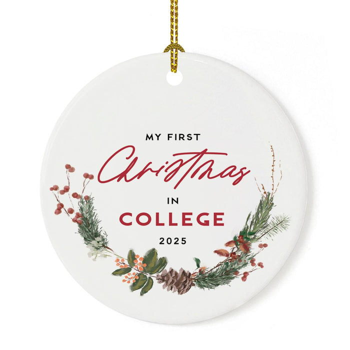 Round Porcelain Pine Wreath Christmas Tree Ornament Keepsake Gift-Set of 1-Andaz Press-First Christmas In College-