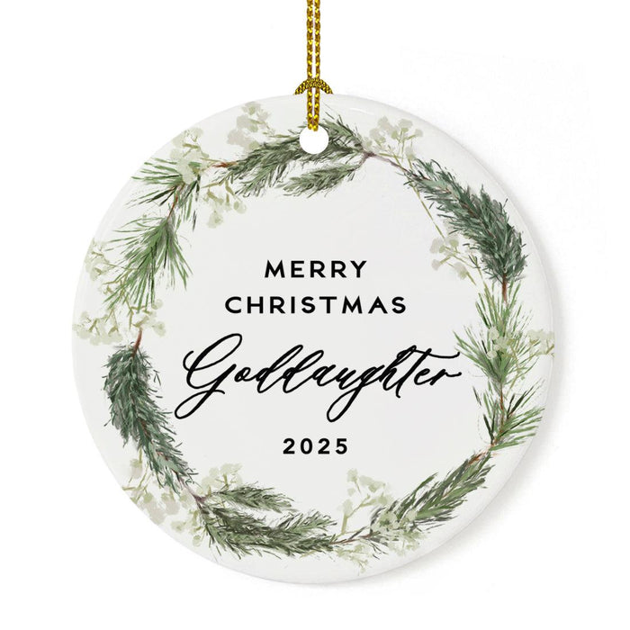 Round Porcelain Pine Wreath Christmas Tree Ornament Keepsake Gift-Set of 1-Andaz Press-Merry Christmas Goddaughter-