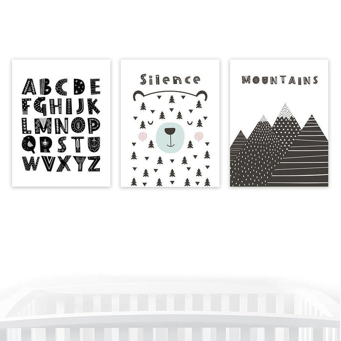 Scandinavian Woodland Black and White Alphabet Mountain Polar Bear Graphic-Set of 3-Andaz Press-