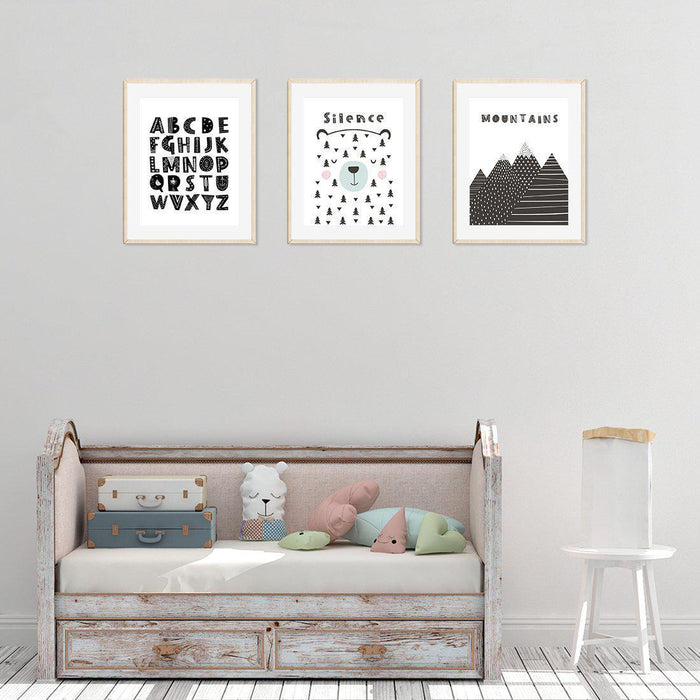 Scandinavian Woodland Black and White Alphabet Mountain Polar Bear Graphic-Set of 3-Andaz Press-