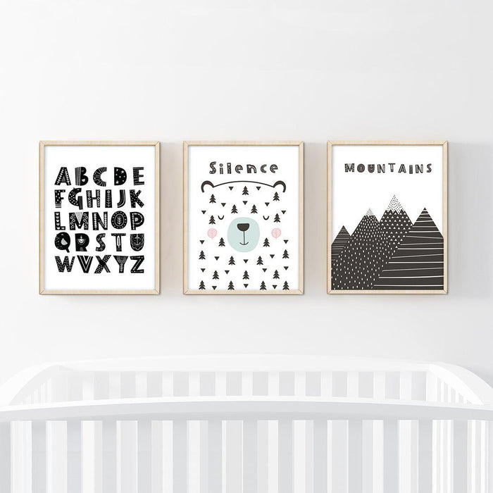 Scandinavian Woodland Black and White Alphabet Mountain Polar Bear Graphic-Set of 3-Andaz Press-