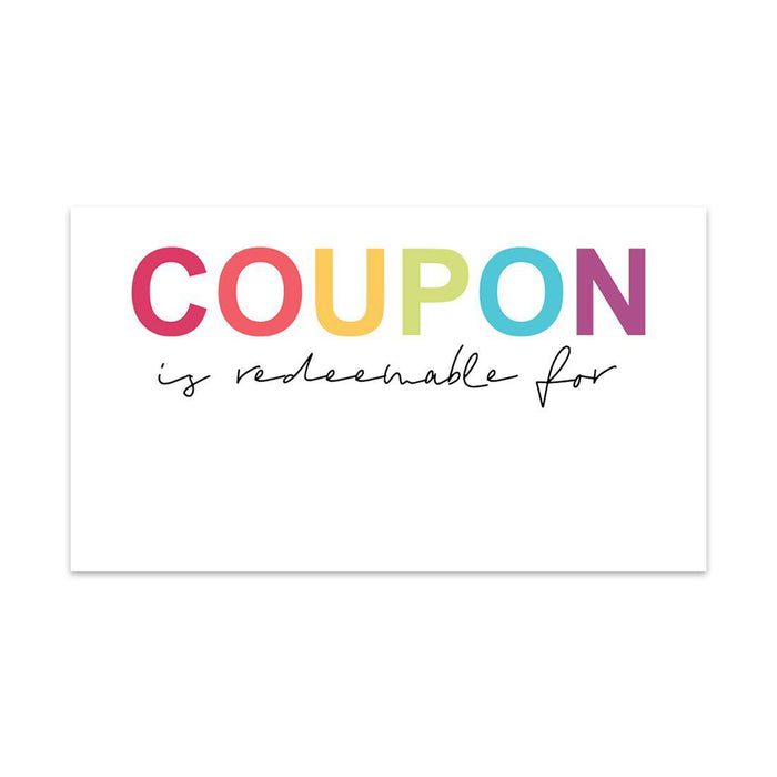 Script Blank Coupon Is Redeemable For Voucher Cards, Redeem Discount Small Business-Set of 100-Andaz Press-Rainbow Font-