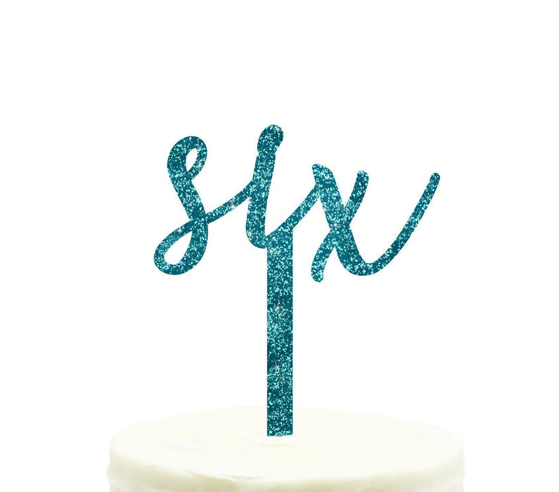 Script Number Glitter Acrylic Birthday Cake Toppers-Set of 1-Andaz Press-Aqua-Six-