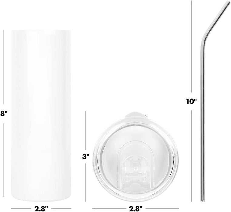 Skinny Tumbler White Stainless Steel Tumbler with Lid and Metal Straw Bulk- Sublimation Blanks Products-Set of 25-Andaz Press-