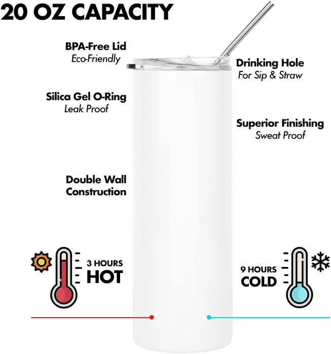 Skinny Tumbler White Stainless Steel Tumbler with Lid and Metal Straw Bulk- Sublimation Blanks Products-Set of 25-Andaz Press-