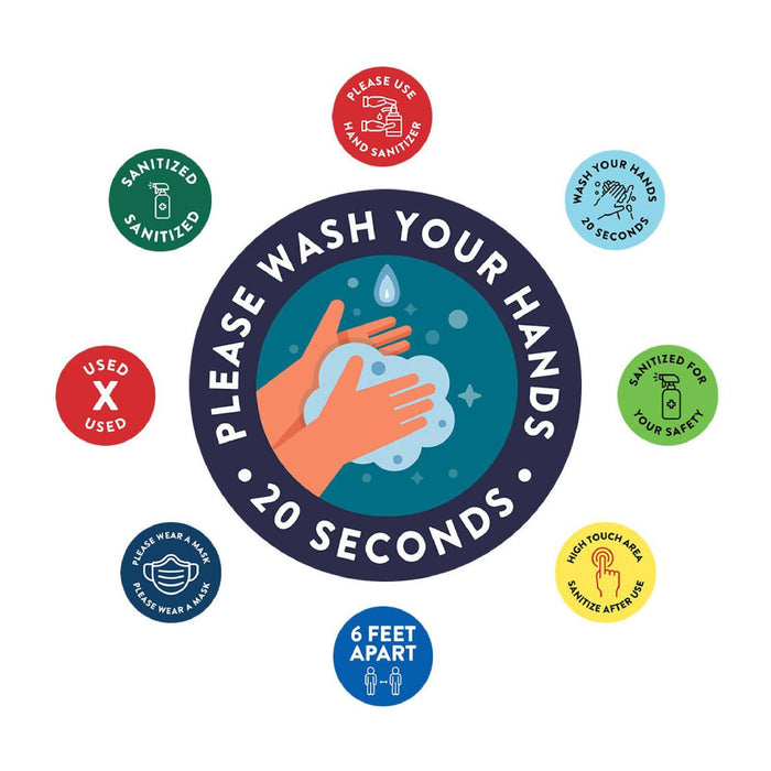 Social Distancing Round Wash Your Hands Business Signs, Labels, Vinyl Sticker Decals-Set of 50-Andaz Press-Please Use Provided Sanitizer-