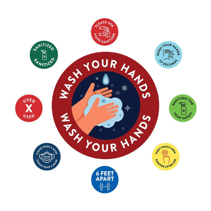 Social Distancing Round Wash Your Hands Business Signs, Labels, Vinyl Sticker Decals-Set of 50-Andaz Press-Please Use Provided Sanitizer-