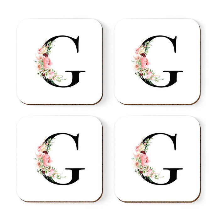 Square Coffee Drink Coasters Gift Set, Blush Floral Monogram-Set of 4-Andaz Press-A-