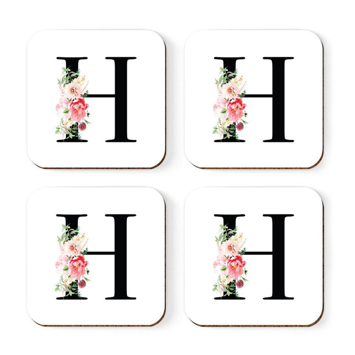 Square Coffee Drink Coasters Gift Set, Blush Floral Monogram-Set of 4-Andaz Press-A-