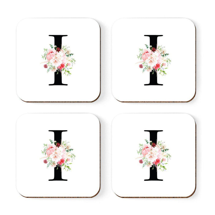 Square Coffee Drink Coasters Gift Set, Blush Floral Monogram-Set of 4-Andaz Press-A-