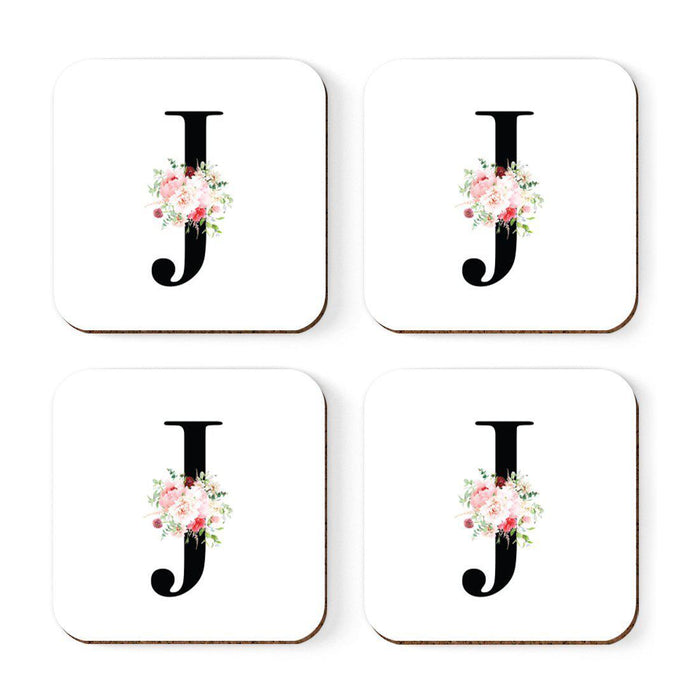 Square Coffee Drink Coasters Gift Set, Blush Floral Monogram-Set of 4-Andaz Press-A-