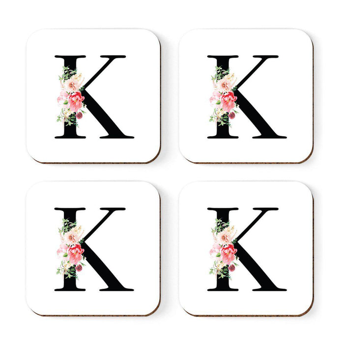 Square Coffee Drink Coasters Gift Set, Blush Floral Monogram-Set of 4-Andaz Press-A-