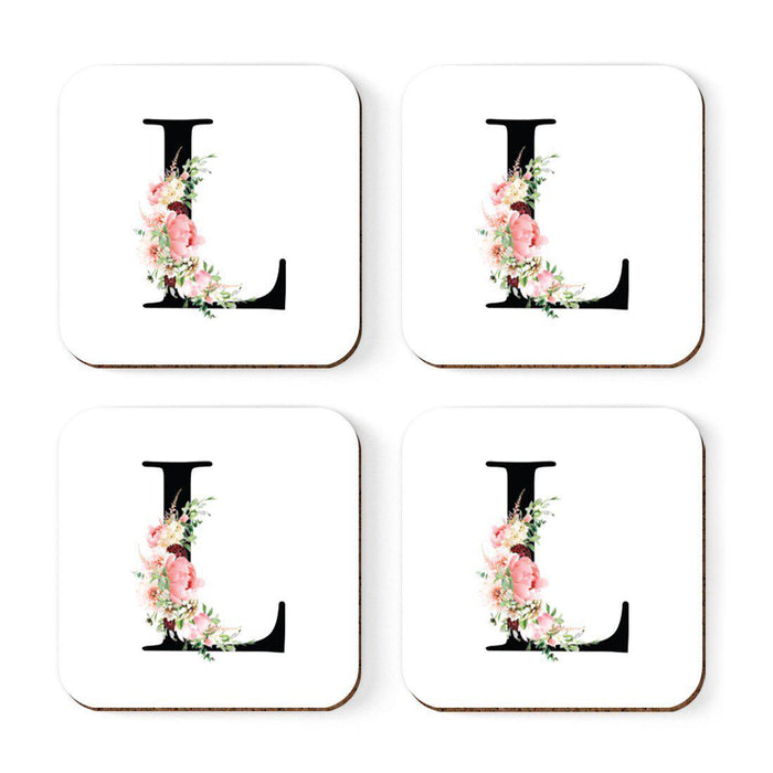 Square Coffee Drink Coasters Gift Set, Blush Floral Monogram-Set of 4-Andaz Press-A-