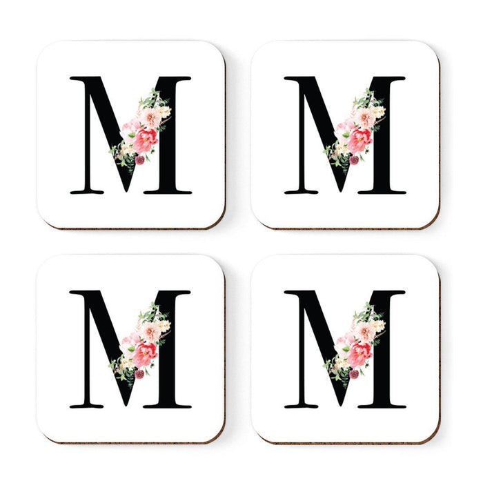 Square Coffee Drink Coasters Gift Set, Blush Floral Monogram-Set of 4-Andaz Press-A-