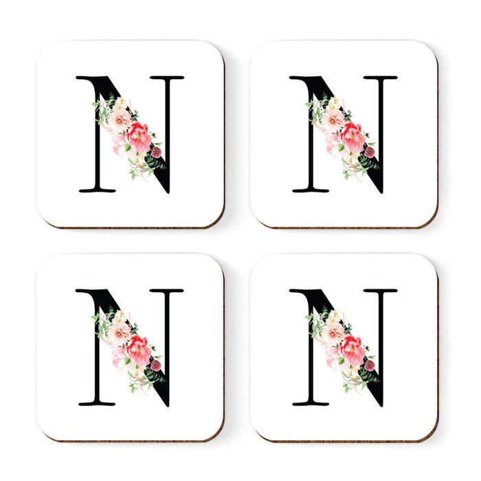 Square Coffee Drink Coasters Gift Set, Blush Floral Monogram-Set of 4-Andaz Press-A-