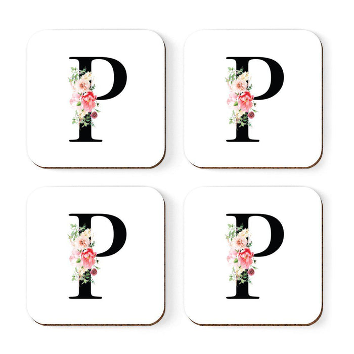 Square Coffee Drink Coasters Gift Set, Blush Floral Monogram-Set of 4-Andaz Press-A-