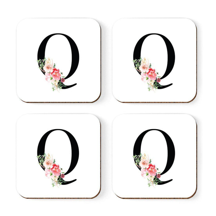 Square Coffee Drink Coasters Gift Set, Blush Floral Monogram-Set of 4-Andaz Press-A-