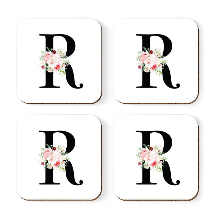 Square Coffee Drink Coasters Gift Set, Blush Floral Monogram-Set of 4-Andaz Press-A-