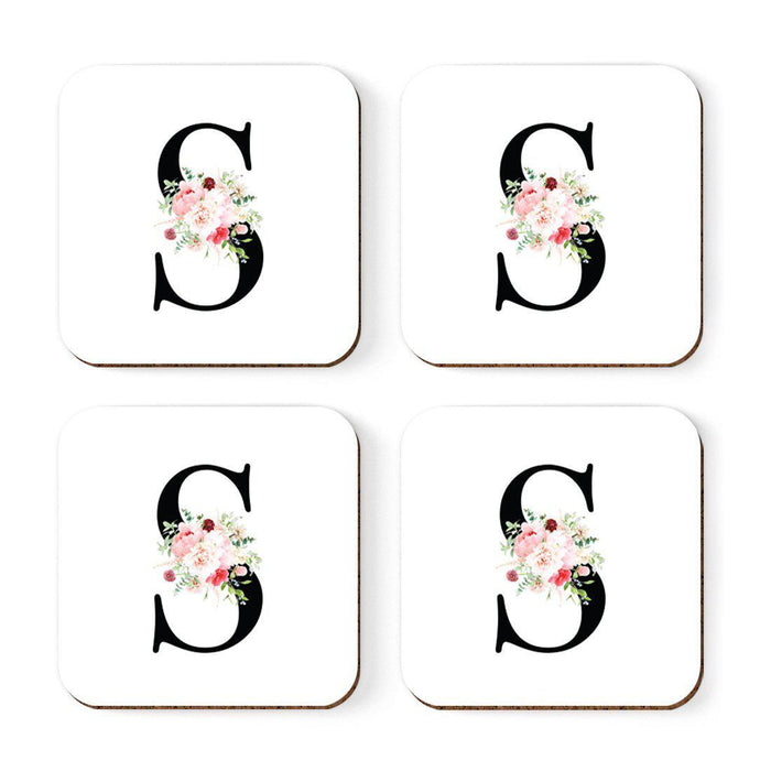 Square Coffee Drink Coasters Gift Set, Blush Floral Monogram-Set of 4-Andaz Press-A-