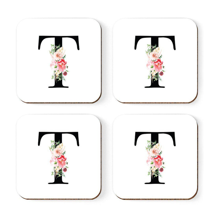 Square Coffee Drink Coasters Gift Set, Blush Floral Monogram-Set of 4-Andaz Press-A-