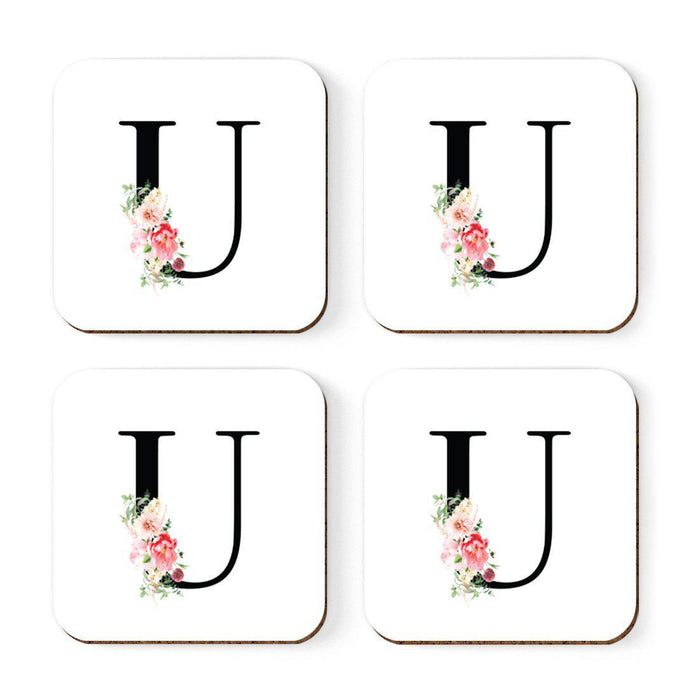 Square Coffee Drink Coasters Gift Set, Blush Floral Monogram-Set of 4-Andaz Press-A-